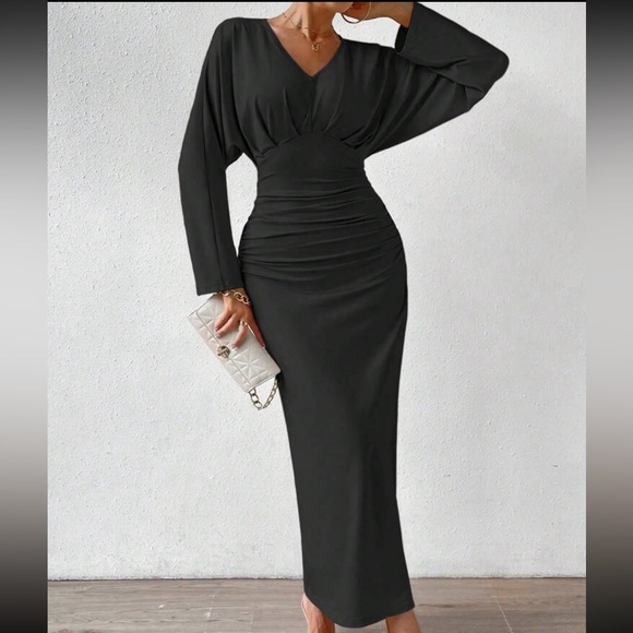 Batwing Sleeve Pleated Ruched Evening Party Dress - Picture 7 of 11